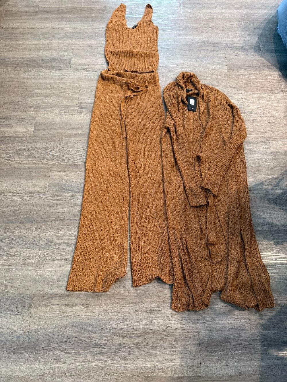 Fashion Nova Brown Ribbed Knit 3 Piece Set Pants Top Cardigan